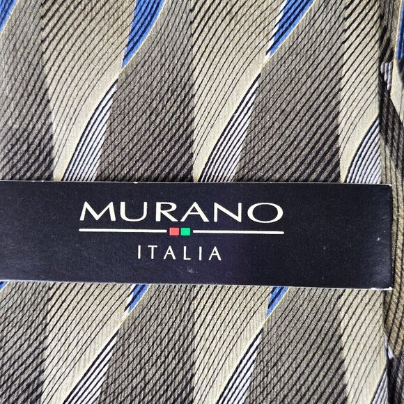 Murano Italia 100% Silk Men's Tie Green Blue Cream Wavy Striped Pattern NWT - Picture 5 of 10